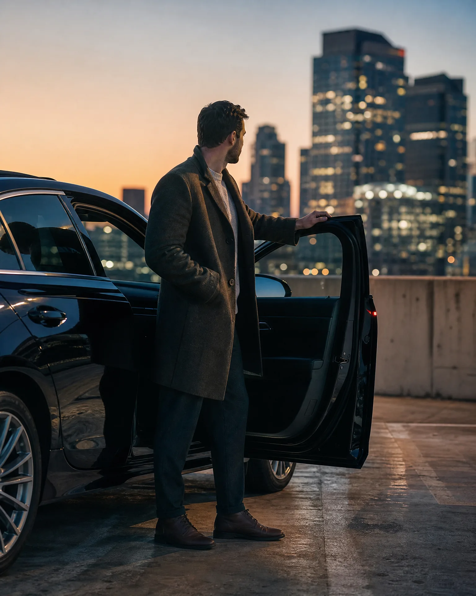 A man in a long dark overcoat and brown boots stands beside a black sedan with its rear door open on a rooftop parking deck, with a lit city skyline and sunset sky behind him.