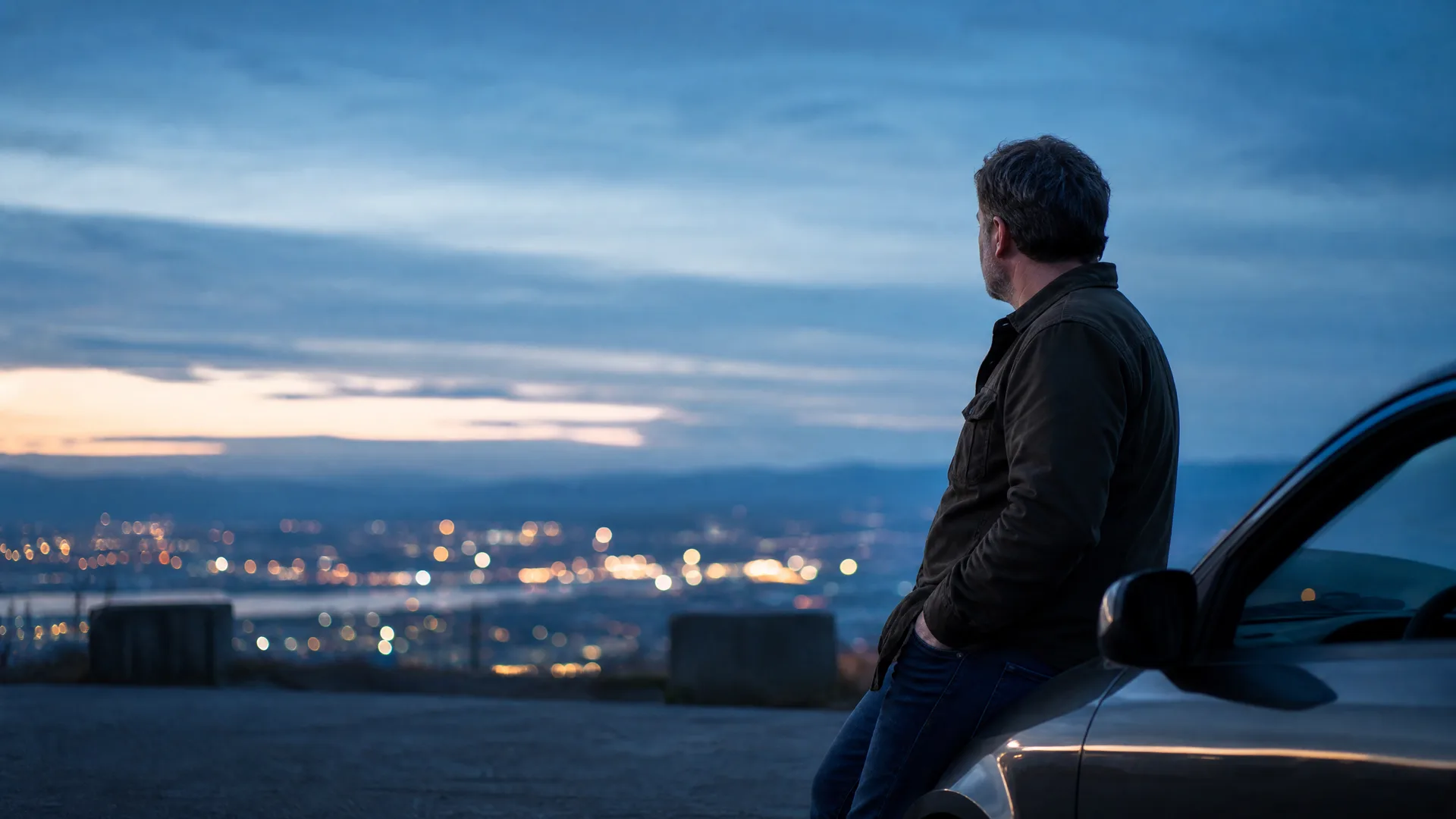 A man in a dark jacket and jeans leans against a car on a hilltop at dusk, looking out over a valley of blurred city lights with distant hills under a blue cloudy sky.