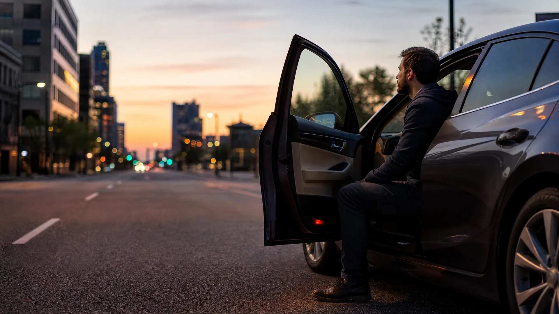 A man sits sideways in the open driver's doorway of a dark car parked on a city street at dusk, with blurred buildings and lights in the background.