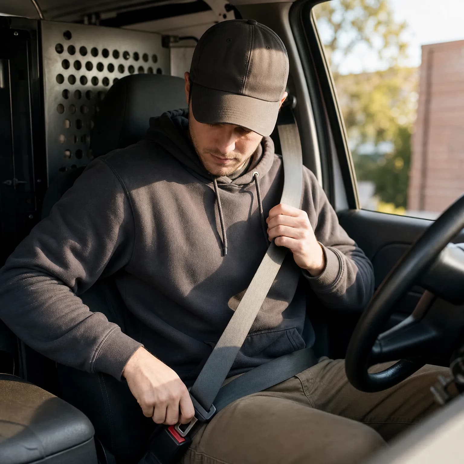 A man in a dark hoodie and baseball cap sits in the driver's seat of a van, pulling the seat belt across his chest toward the buckle.