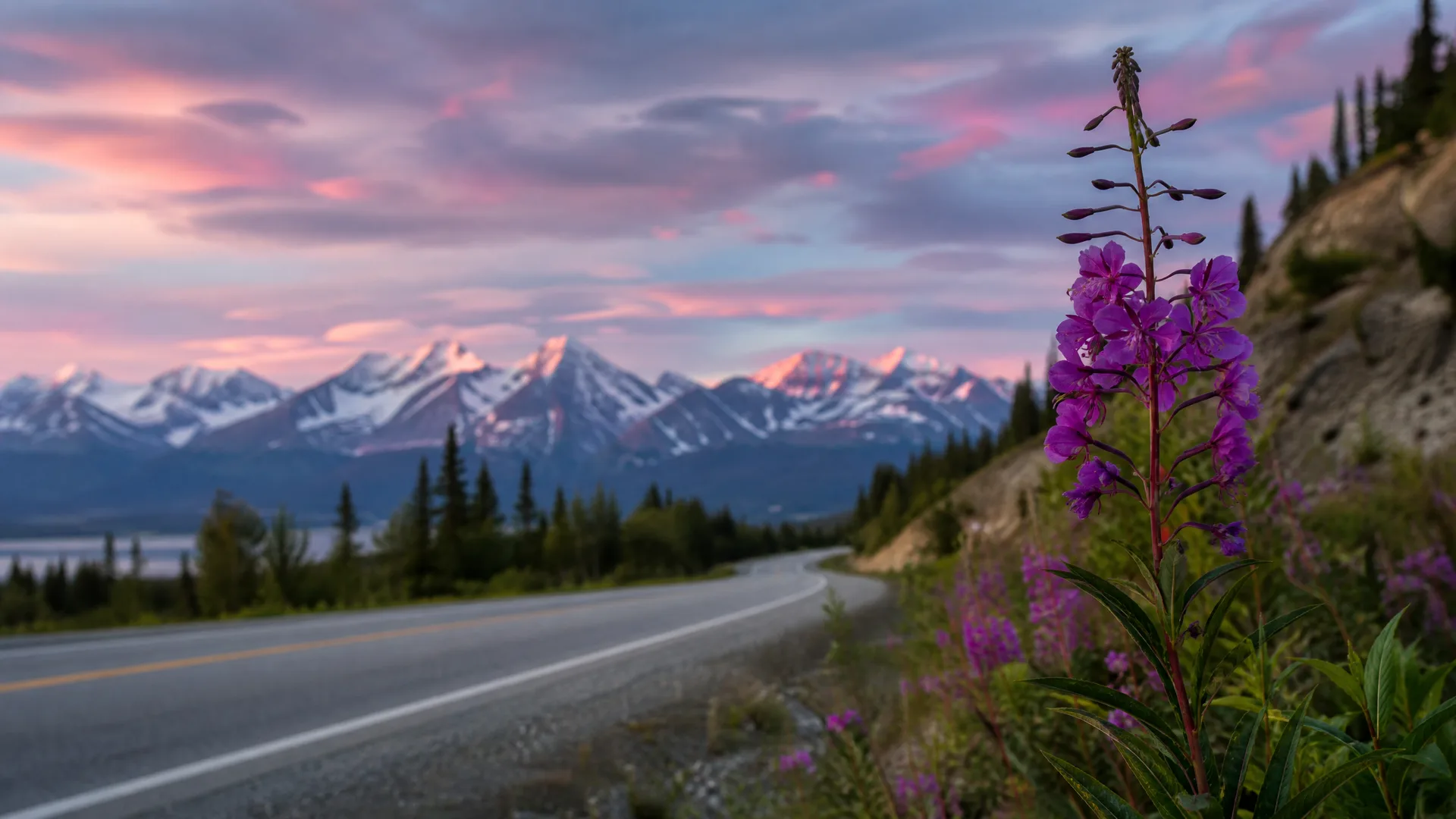 A paved two-lane road curves past conifer forest toward snow-capped mountains under a pink and purple sky, with a tall purple fireweed stalk in sharp focus in the right foreground.