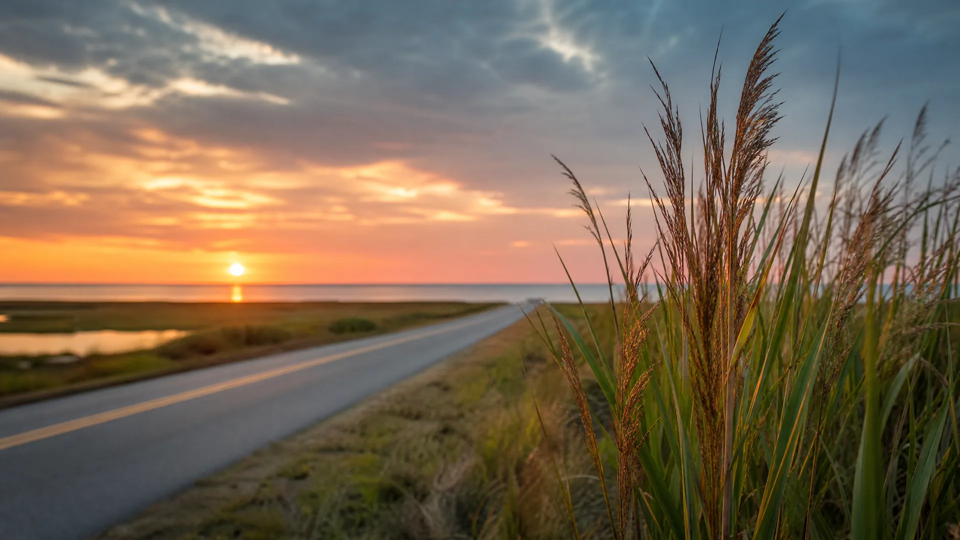 A two-lane road runs beside marshland and water toward the horizon at sunset, with tall seed-topped grasses in sharp focus in the right foreground.