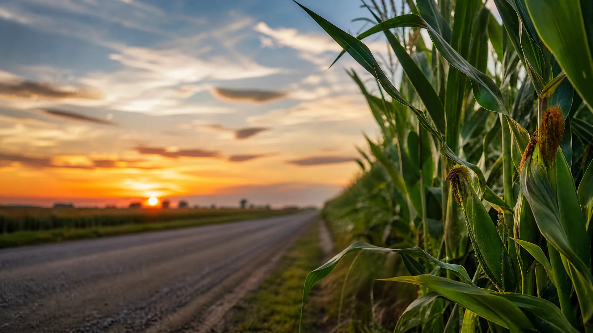 A gravel road runs beside a field of tall corn with visible ears and tassels, under an orange and blue sky at sunset with the sun near the flat horizon.