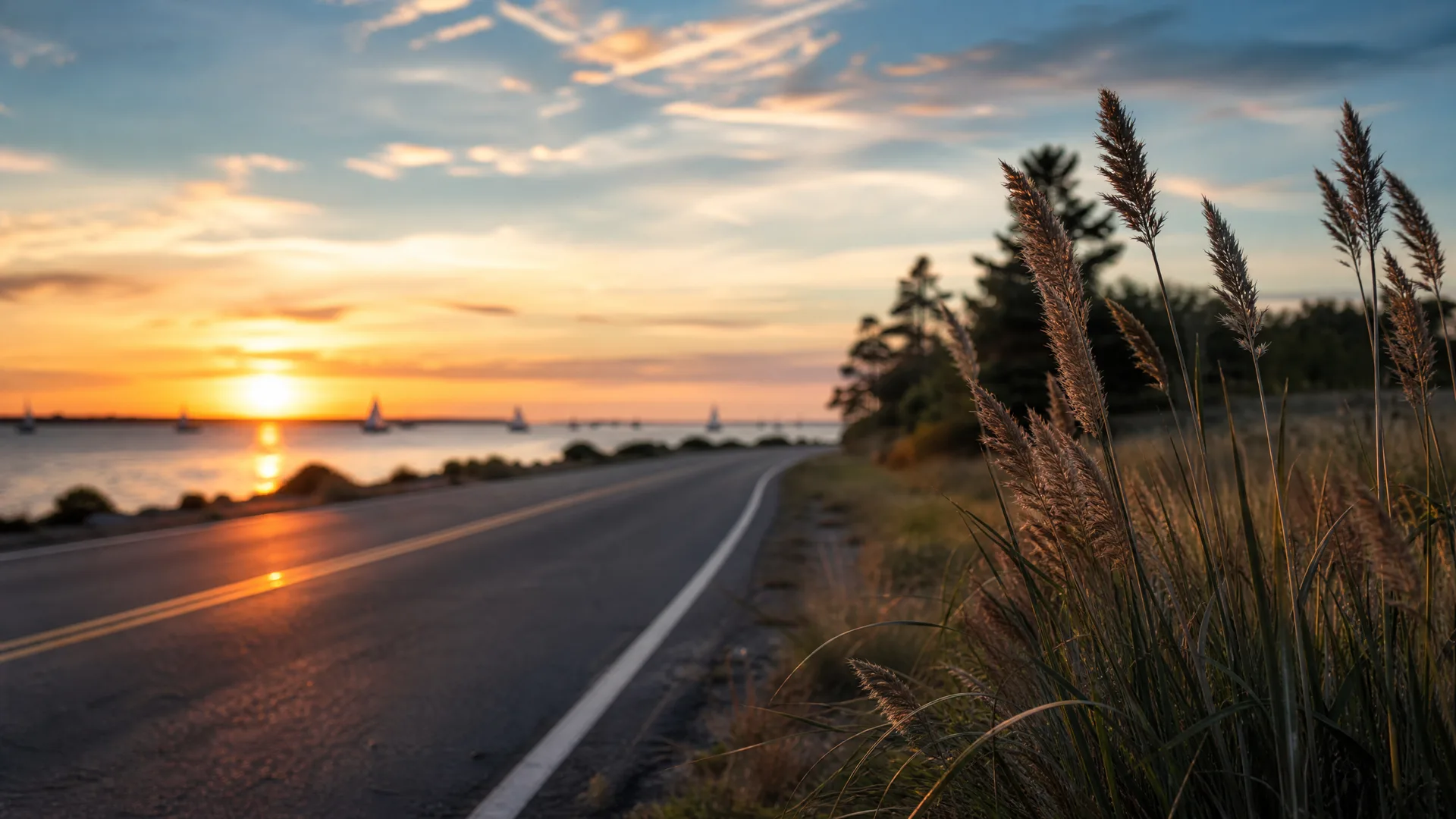A two-lane paved road with painted yellow and white lines curves along a shoreline at sunset, with tall grasses in the right foreground, dark conifers behind them, and small boats on the water under an orange and blue sky.