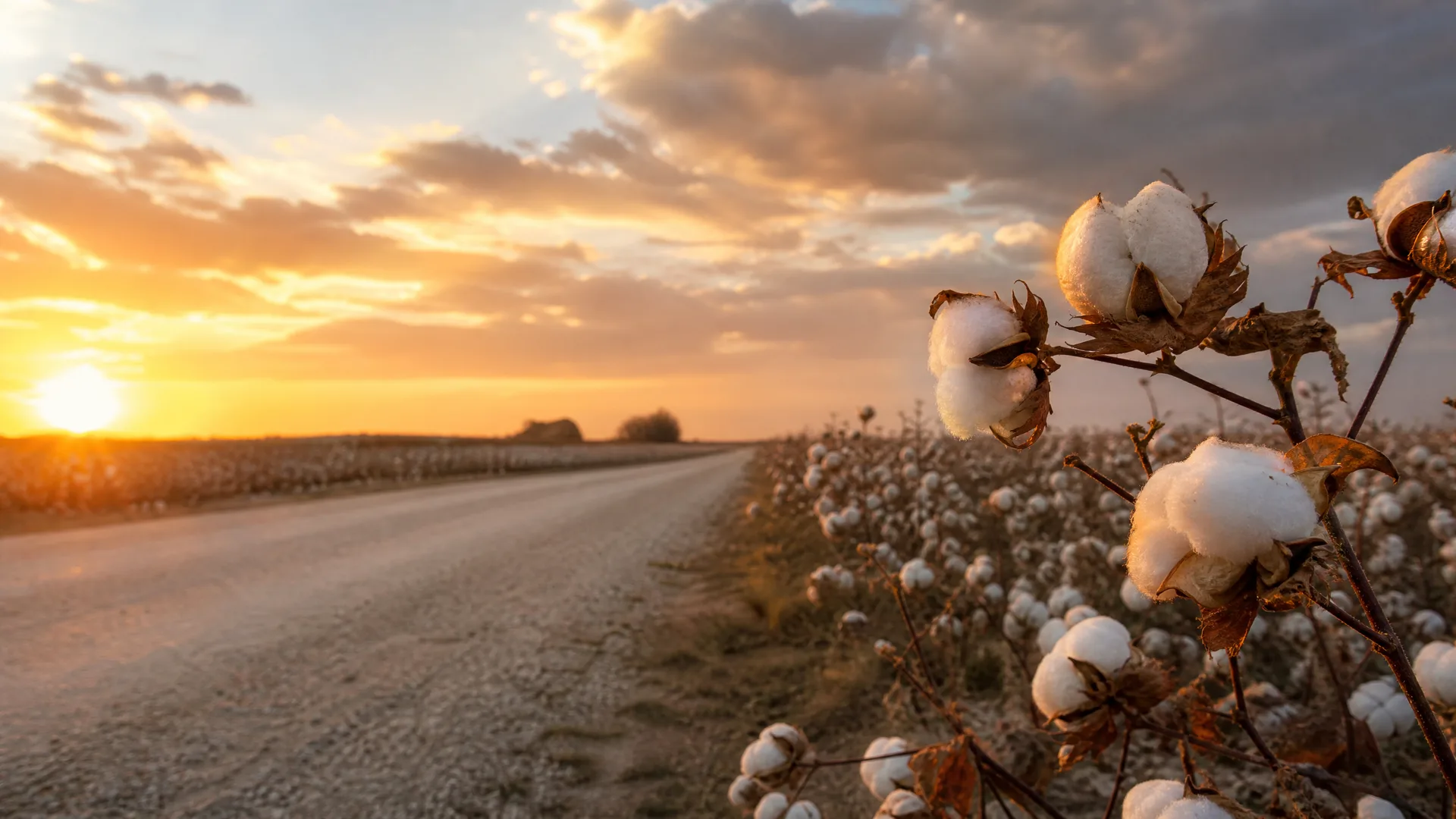 A dirt road runs through a cotton field at sunset, with open cotton bolls on dry brown plants in close-up at right and a low sun under scattered clouds at left.