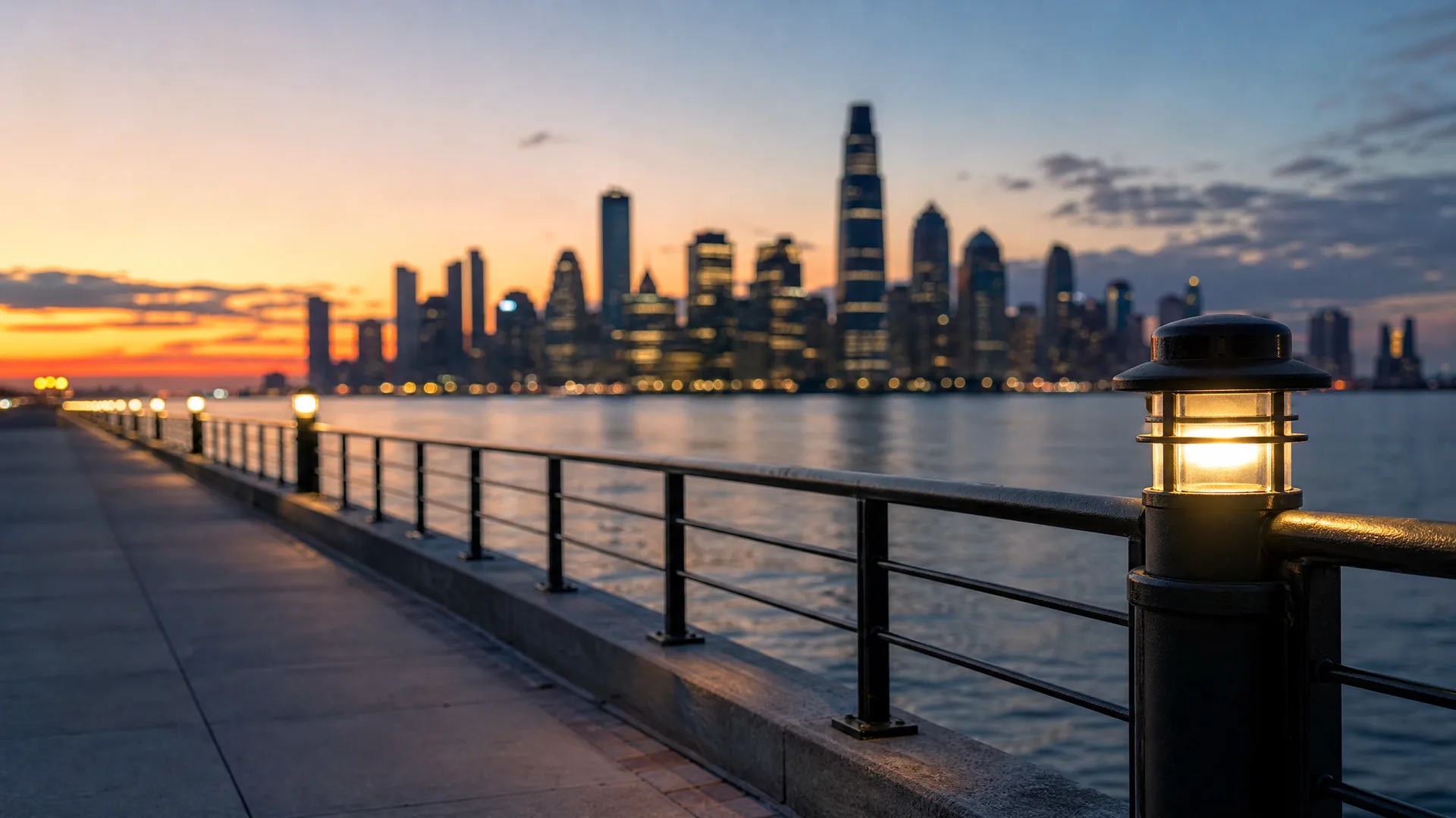 A waterfront promenade with a metal railing and a lit lamp post in the foreground, facing a blurred city skyline across the water at dusk.
