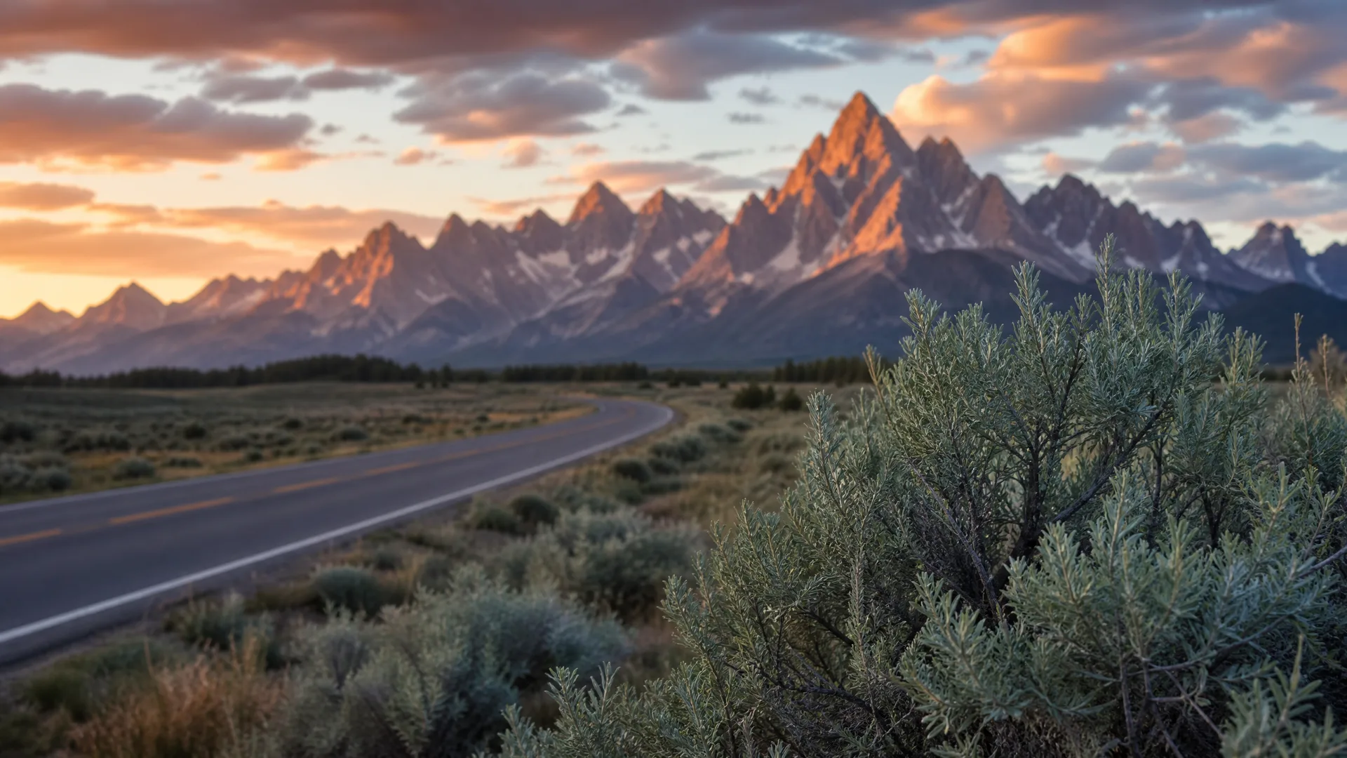 A two-lane paved road curves through sagebrush flats toward a jagged, partly snow-dusted mountain range lit by low sun under orange-tinted clouds, with a large shrub in the right foreground.