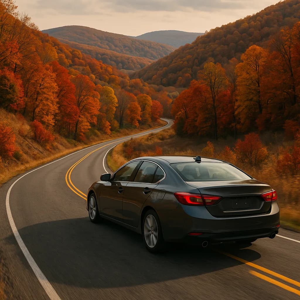 Gray sedan driving on winding mountain road surrounded by vibrant autumn foliage and fall colors
