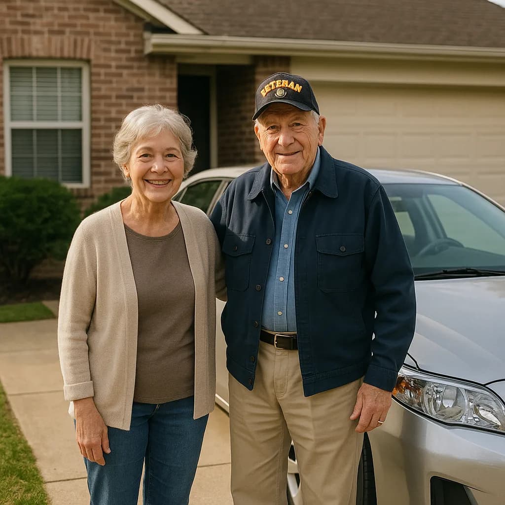 Elderly couple standing in driveway of suburban home with car, man wearing Veteran cap