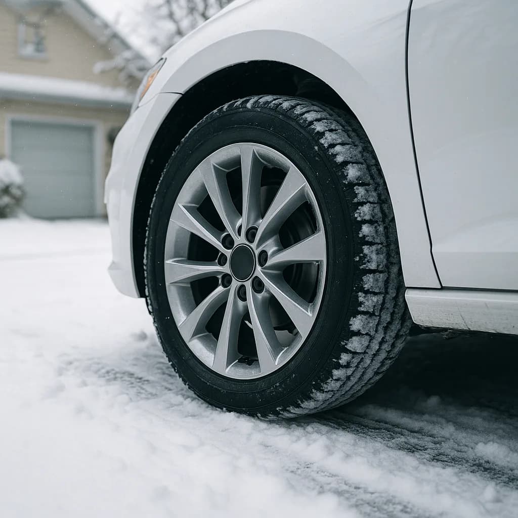 Silver car wheel with snow on tire parked in snowy driveway in front of house