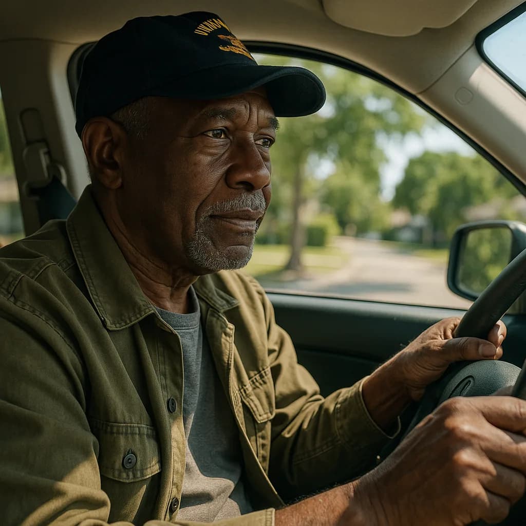 Older man in cap and olive jacket driving a car on a tree-lined street