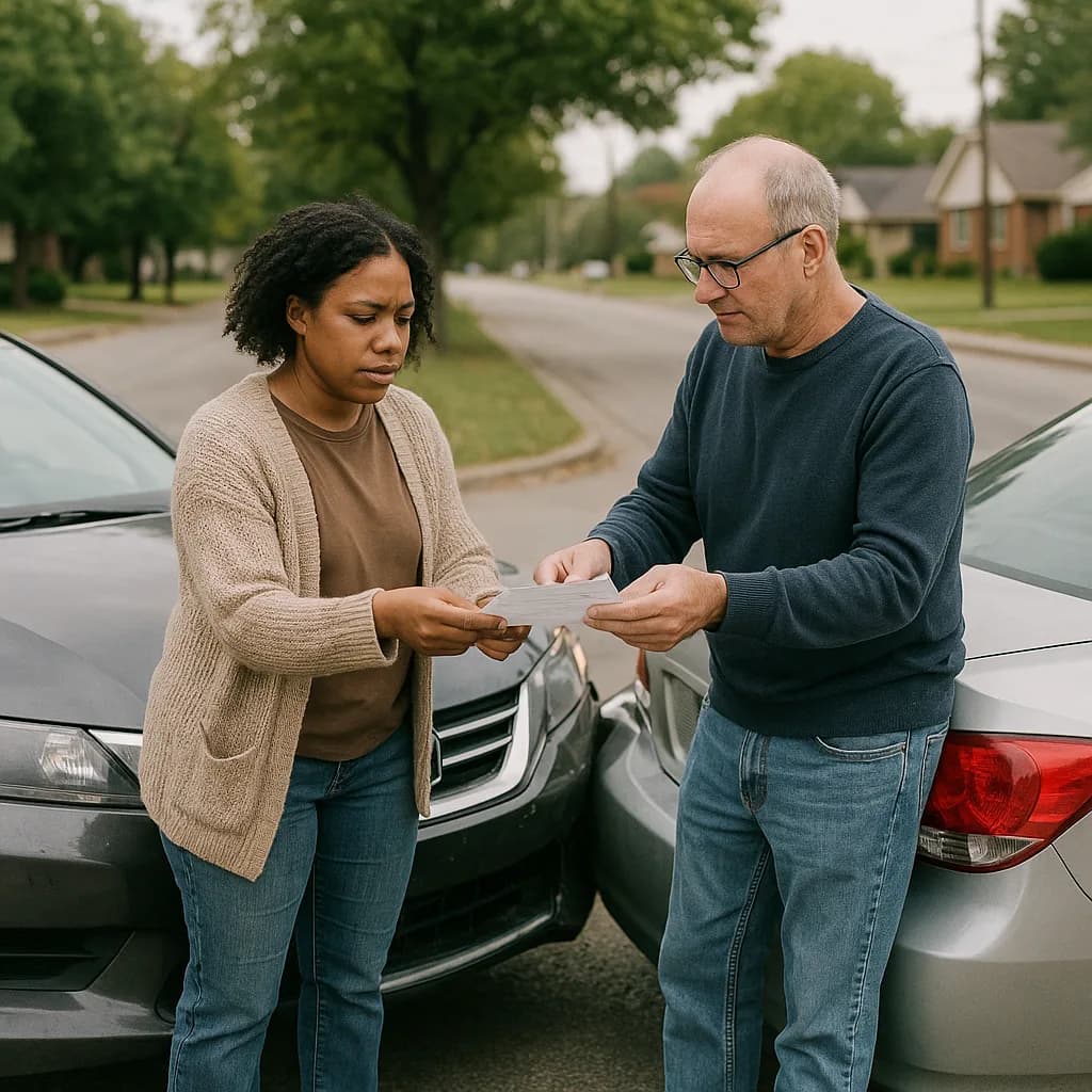 Two drivers exchanging insurance information after a car accident in a residential neighborhood