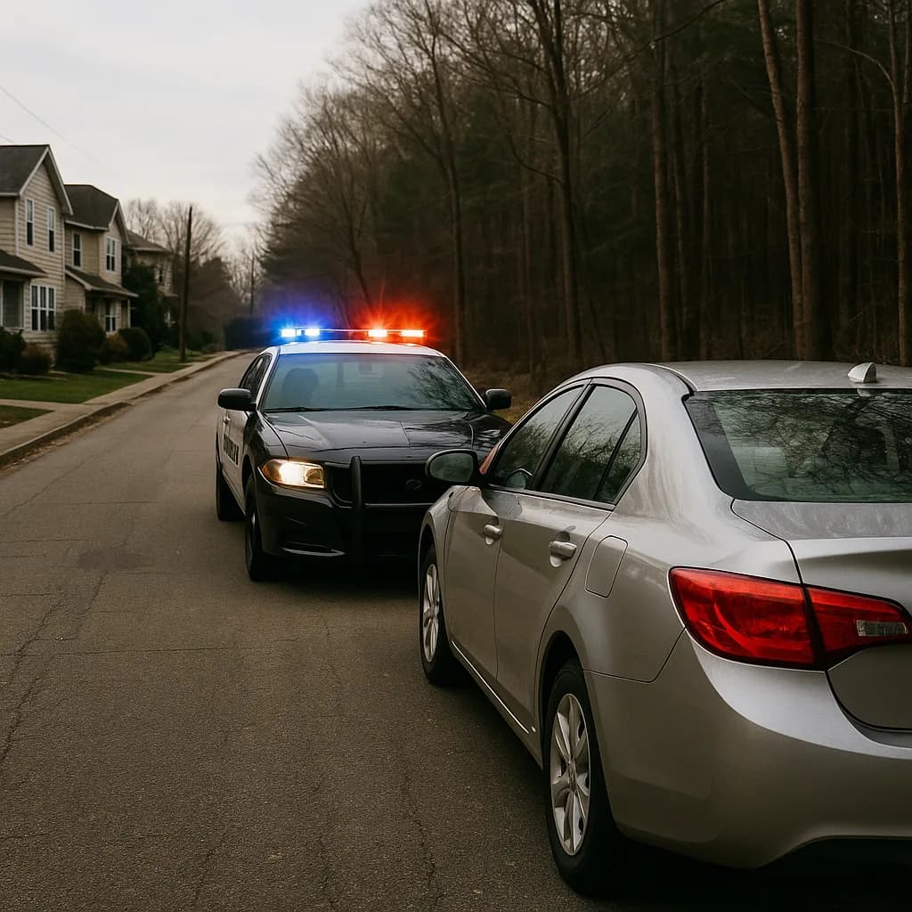 Police car with flashing lights conducting traffic stop behind silver sedan on residential street