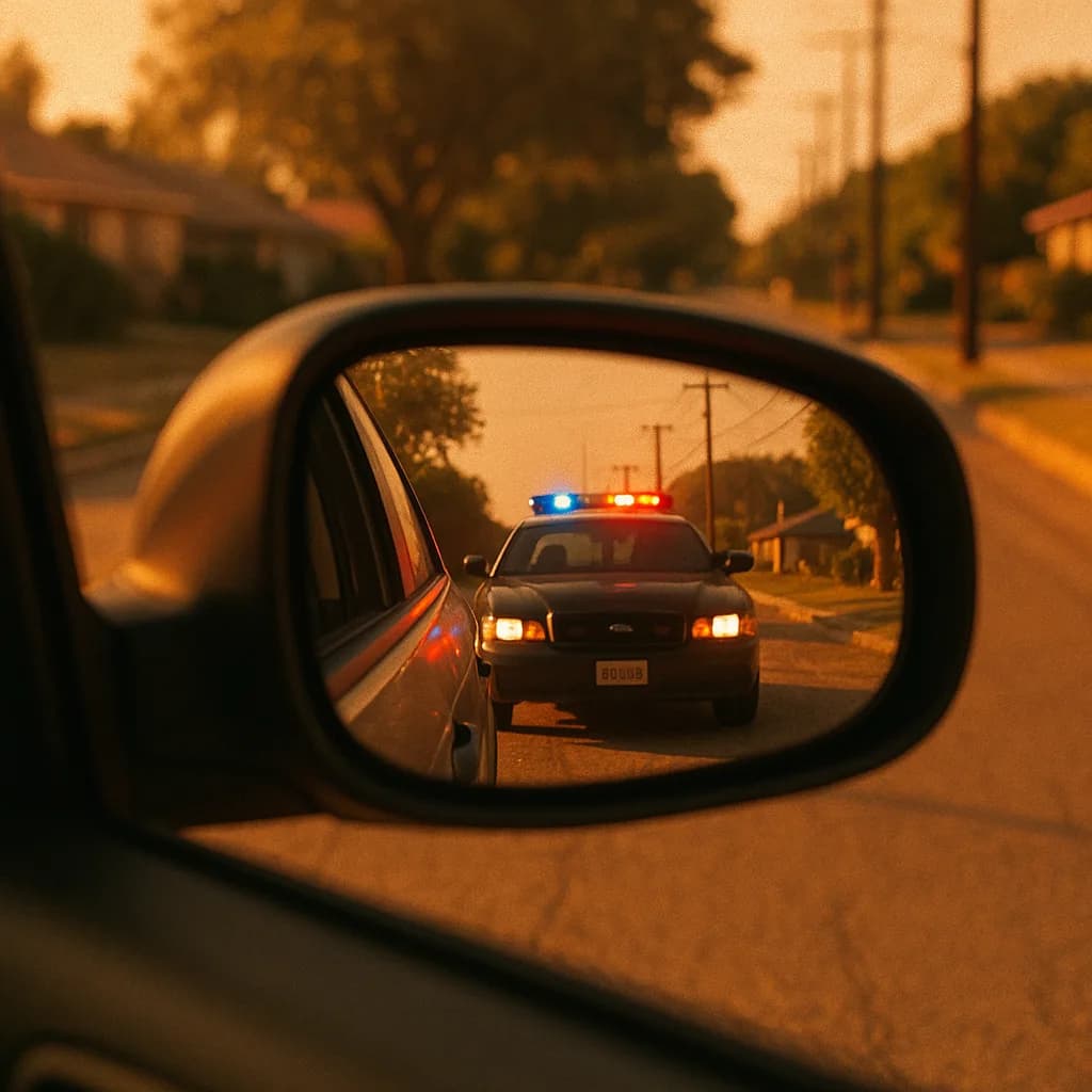 Police car with flashing lights visible in car side mirror during sunset on suburban street