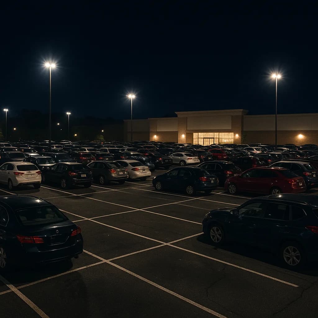 Crowded parking lot at night with illuminated retail store and street lights