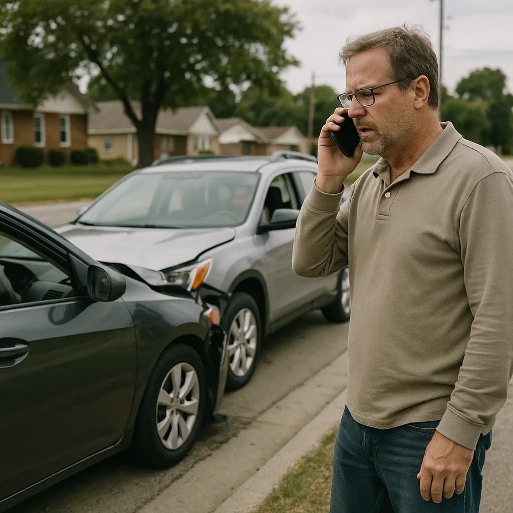 Man on phone call after car accident in suburban neighborhood with damaged vehicles