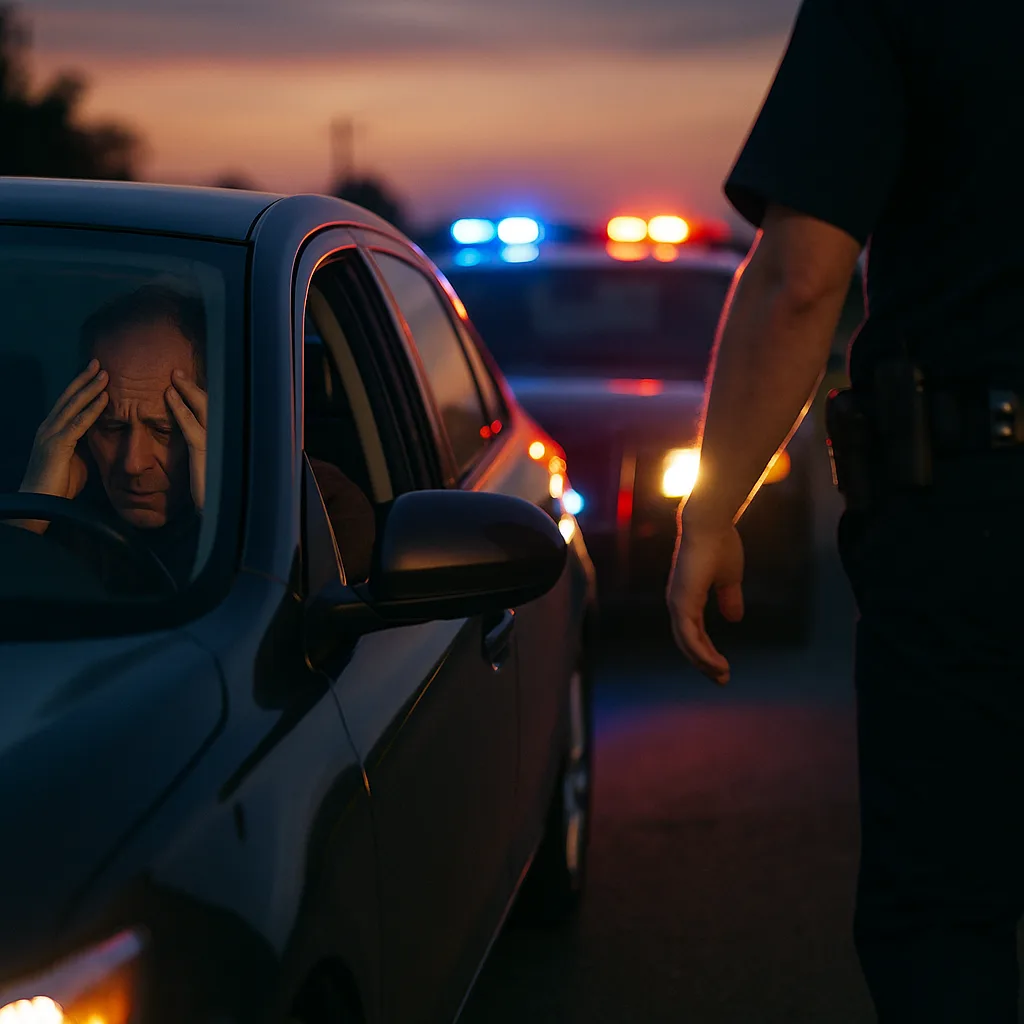Police officer conducting traffic stop with distressed driver at sunset with emergency lights in background