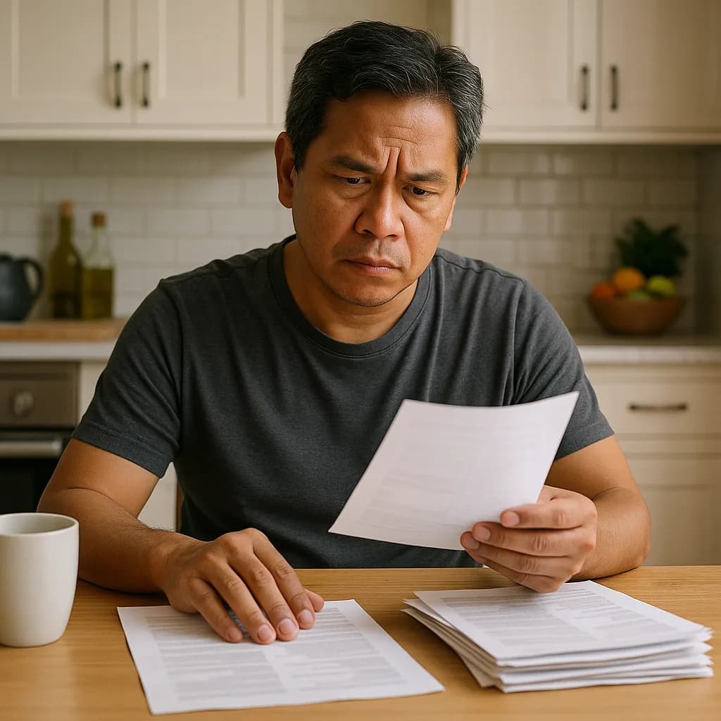 Man reviewing bills and documents with worried expression at kitchen table