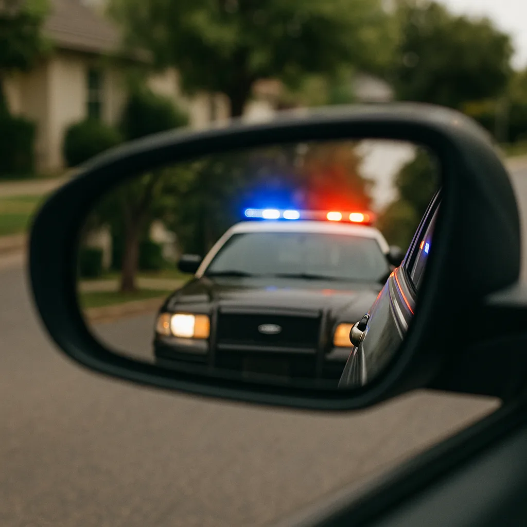 Police car with flashing lights reflected in side mirror during traffic stop