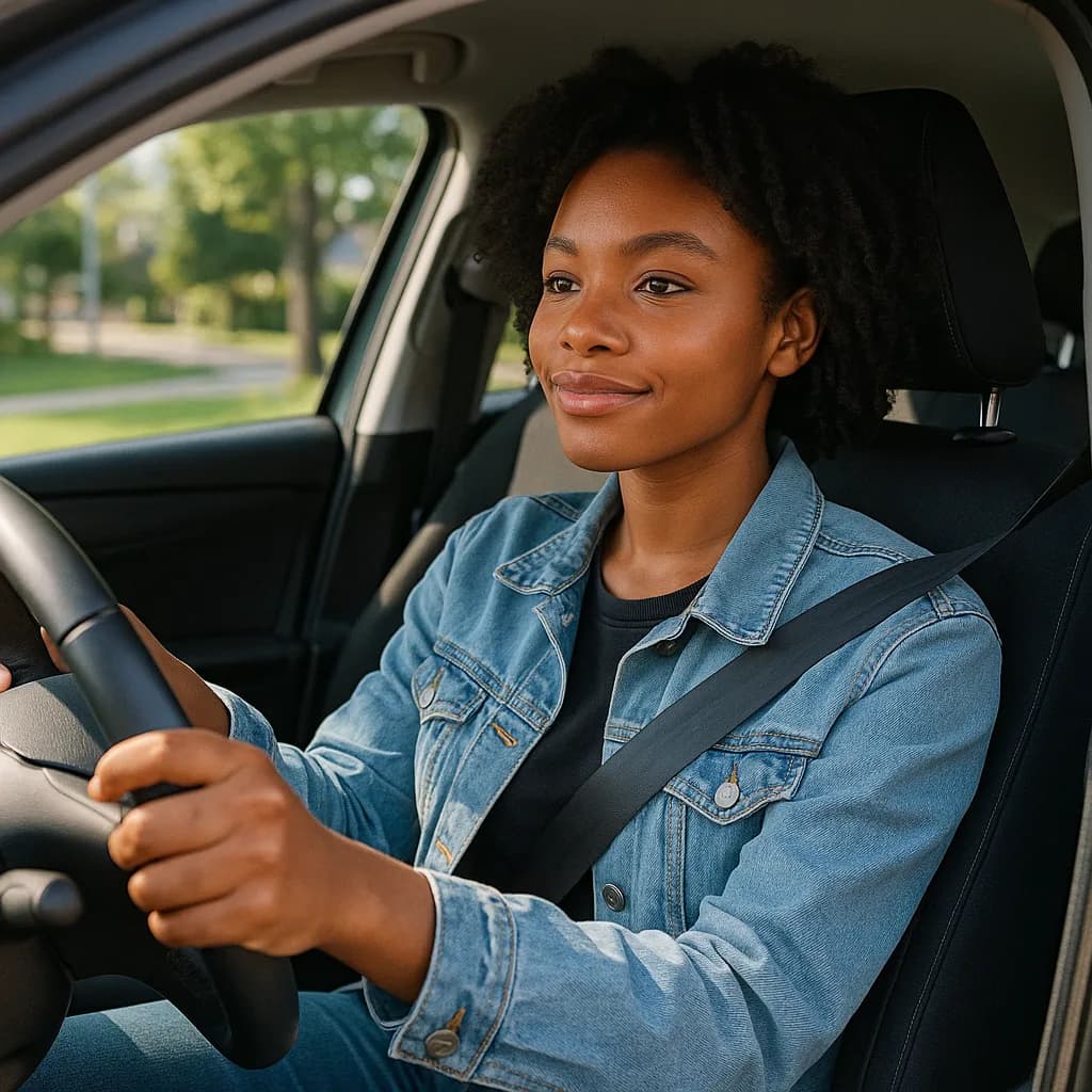 Young woman smiling while sitting in driver's seat wearing denim jacket with seatbelt fastened