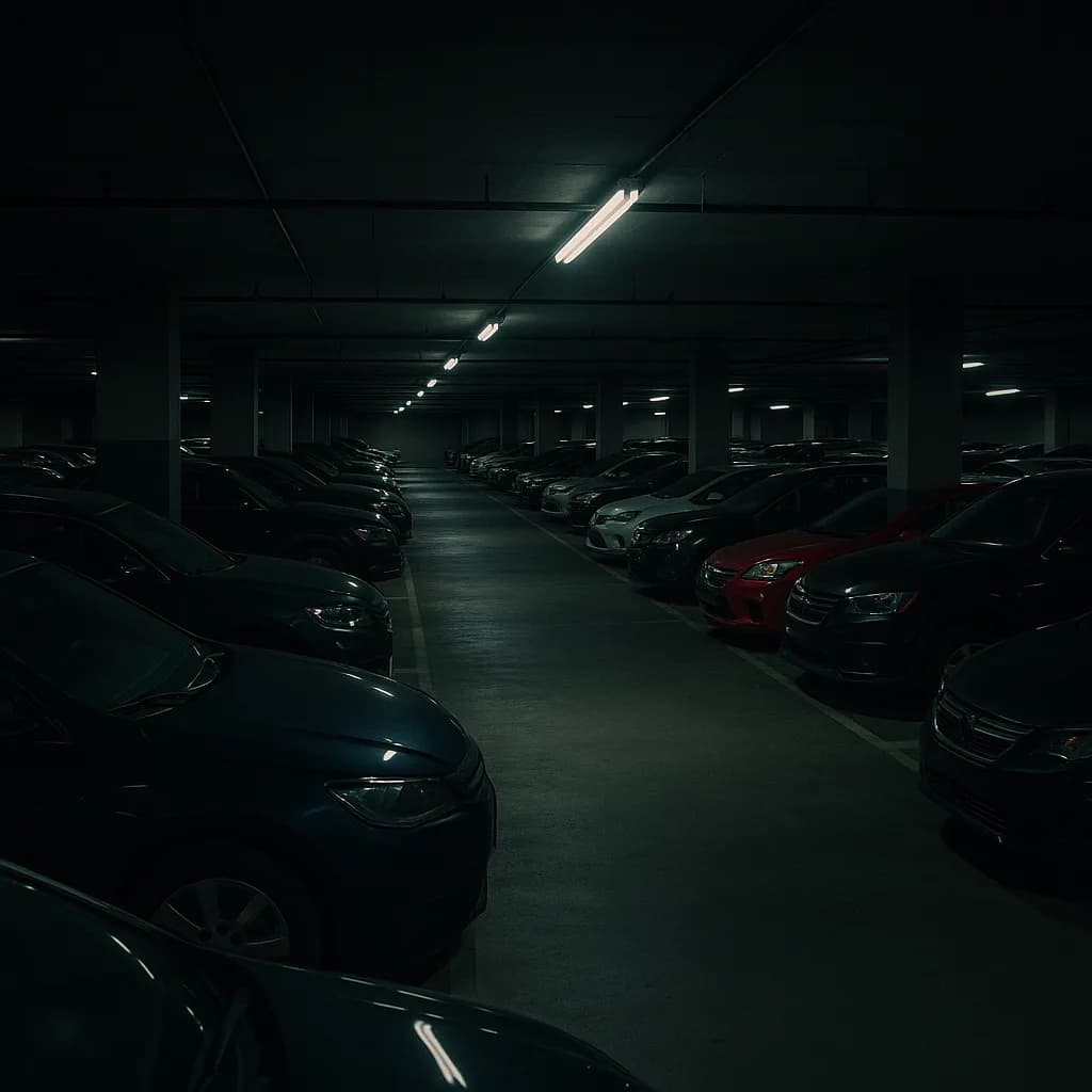 Dark underground parking garage with rows of cars and fluorescent lighting creating moody atmosphere