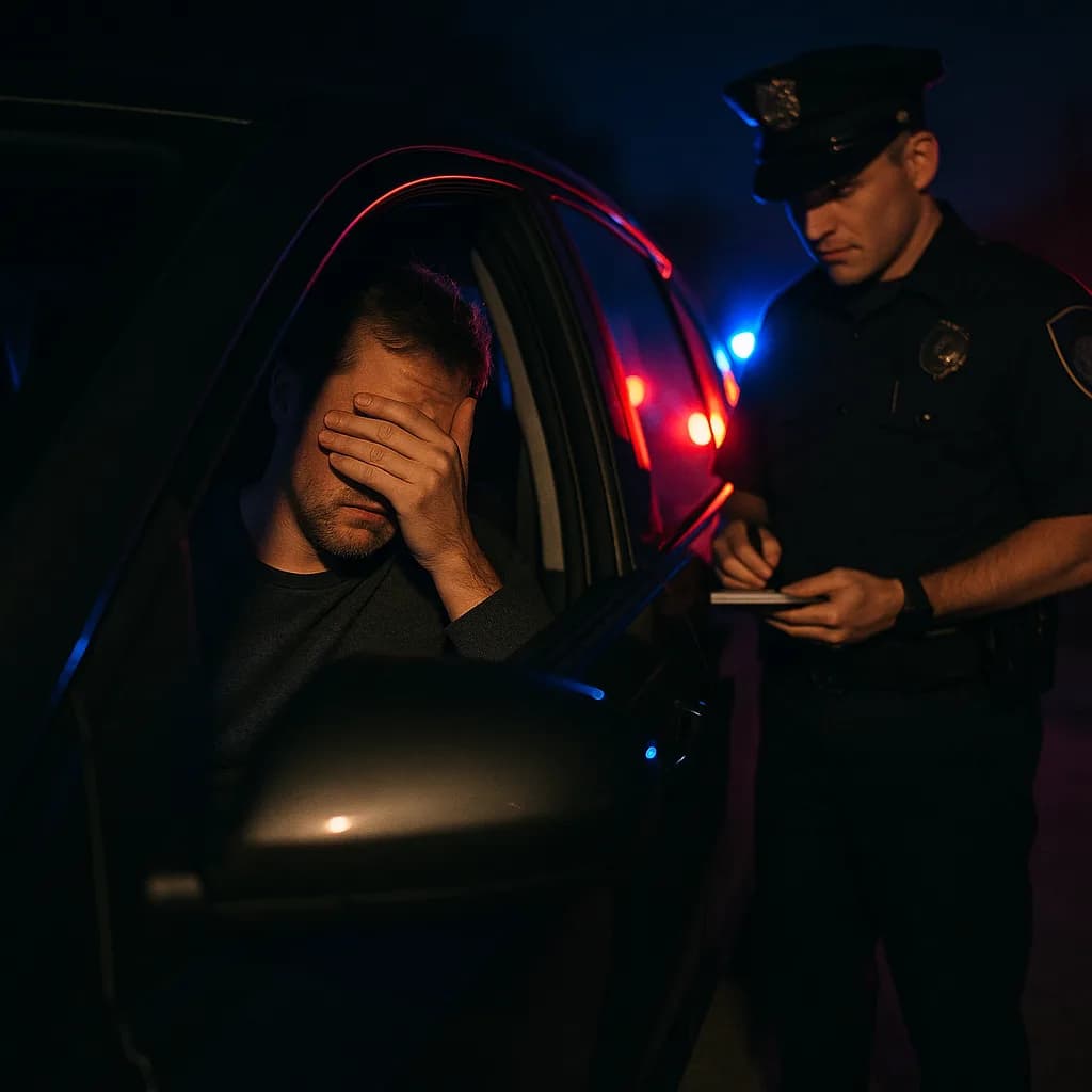 Police officer writing ticket while distressed driver covers face during nighttime traffic stop