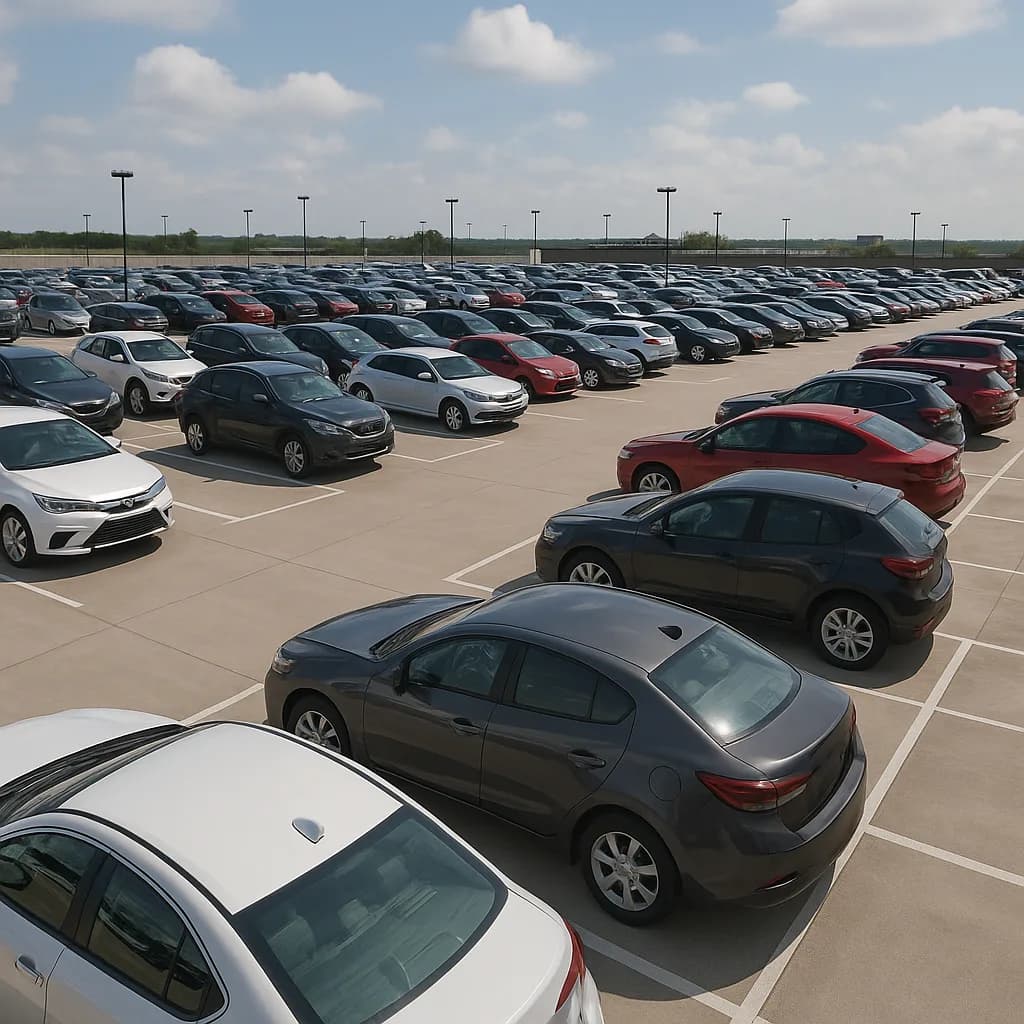 Aerial view of crowded parking lot with multiple rows of colorful cars under blue sky